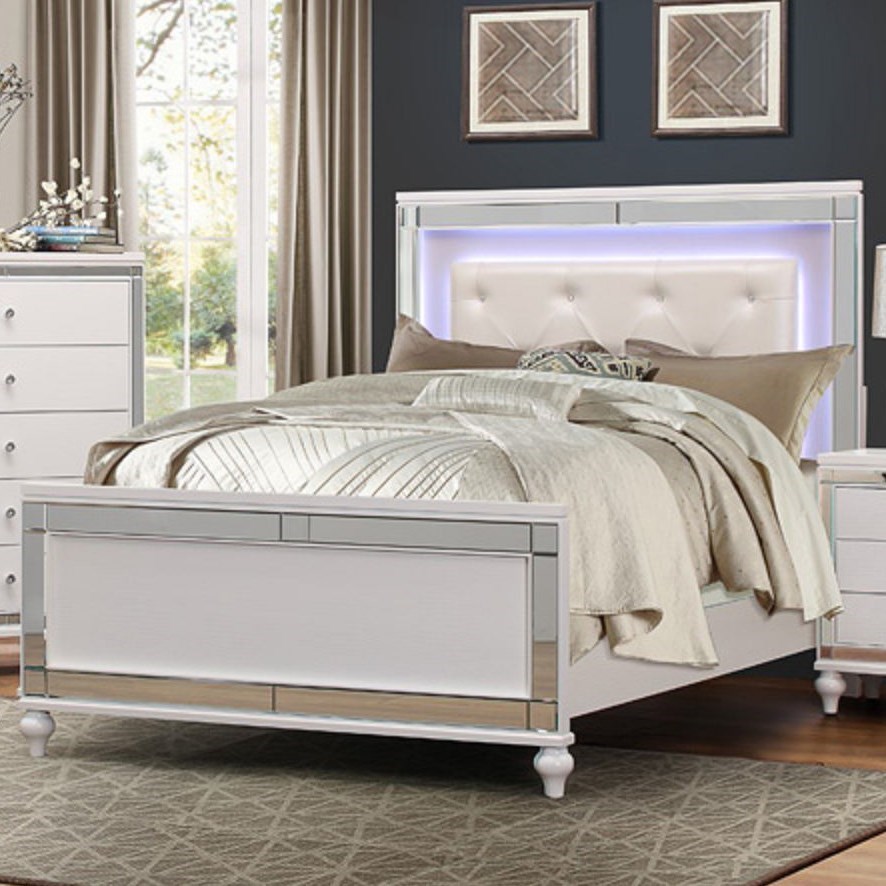 Homelegance Alonza Glam Queen Bed with LED Lit Headboard and Button